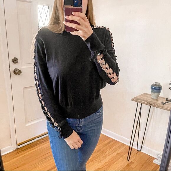 Jonathan Simkhai Ring Sleeve Round Neck Sweater Black - Picture 1 of 9